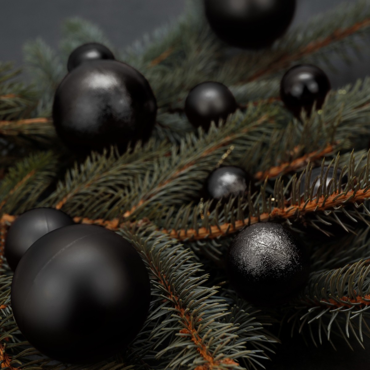 Bombki choinkowe czarne na gałązce choinkowej. - ujęcie 2